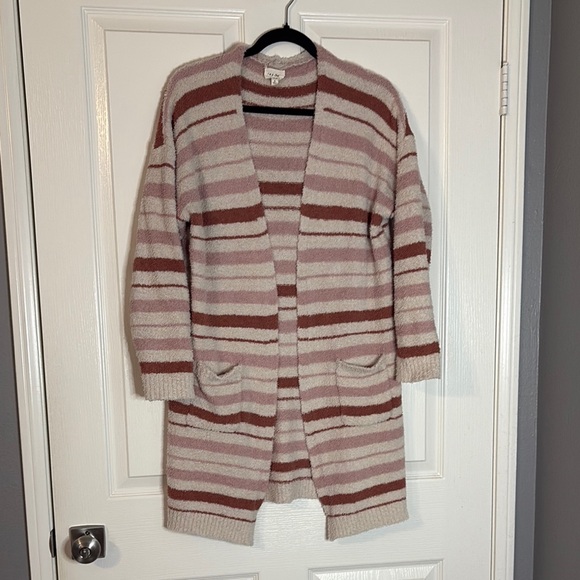Striped Women's Fuzzy Cardigan Sweater - Picture 1 of 4